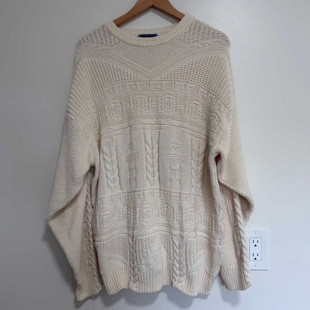 Woolrich Mixed Cable Knit Crewneck Sweater Mens XL Cream Ivory Vintage USA Made